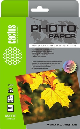 Фотобумага CACTUS Матовая 10x15 230 г/м2 100 листов CS-MA6230100 - фото