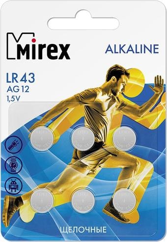 Элементы питания Mirex LR43 (AG12) Mirex блистер 6 шт. 23702-LR43-E6 - фото