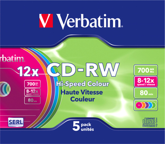 CD-RW диск Verbatim Colour 700Mb 12x 43167 (SlimCase, 5 шт.) - фото