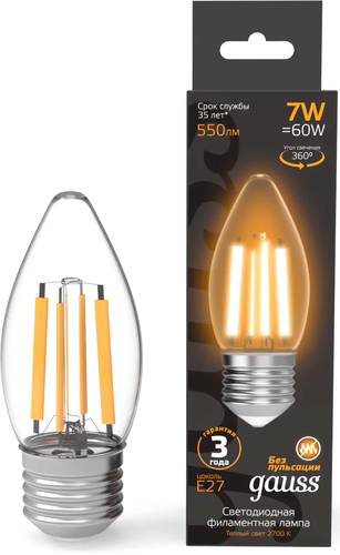 Светодиодная лампочка Gauss Filament Свеча 7W 550lm 2700К Е27 LED 1/10/50 103802107 - фото