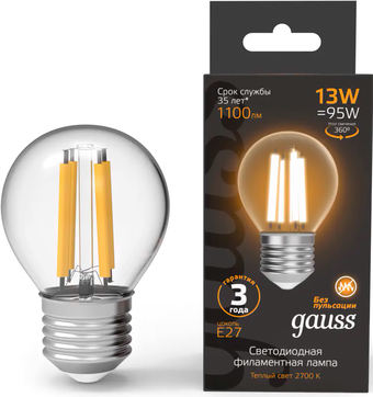 Светодиодная лампочка Gauss Filament Шар 13W 1100lm 2700К Е27 LED 1/10/50 105802113 - фото