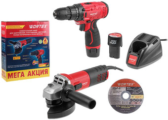 Wortex 1329386 (болгарка, шуруповерт, 2 АКБ) - фото
