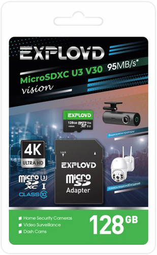 Карта памяти Exployd Vision microSDXC 128GB EX128GCSDXC10-U3-V30 (с адаптером) - фото