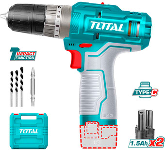 Ударная дрель-шуруповерт Total TIDLI12202 (с 2-мя АКБ, кейс, набор оснастки, без ЗУ) - фото