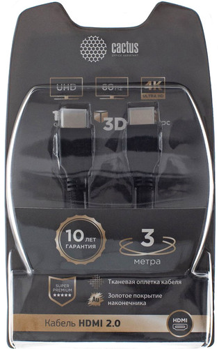 Кабель CACTUS HDMI - HDMI CS-HDMI.2-3 HDMI (3 м, черный) - фото