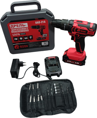 Дрель-шуруповерт Edon UAD-21A (с 2-мя АКБ, кейс, набор оснастки) - фото