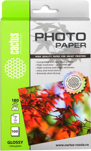 Фотобумага CACTUS Глянцевая A6 180 г/кв.м. 100 листов (CS-GA6180100) - фото