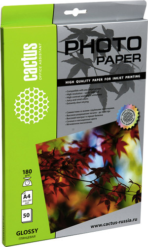 Фотобумага CACTUS Глянцевая A4 180 г/кв.м. 50 листов (CS-GA418050) - фото