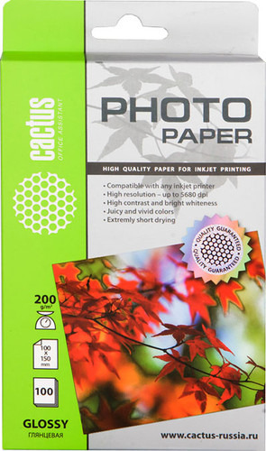 Фотобумага CACTUS Глянцевая A6 200 г/кв.м. 100 листов (CS-GA6200100) - фото