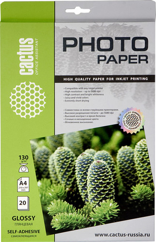 Самоклеящаяся бумага CACTUS Самоклеящаяся глянцевая A4 130 г/кв.м. 20 листов (CS-GSA413020) - фото
