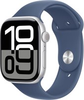 Умные часы Apple Watch Series 10 46 мм (алюминиевый корпус, серебристый/синий, спортивный силиконовый ремешок S/M) - фото