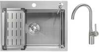 Кухонная мойка Saniteco 6045 + Spike F9S07011 (сатин, с сифоном, дозатором и коландером) - фото